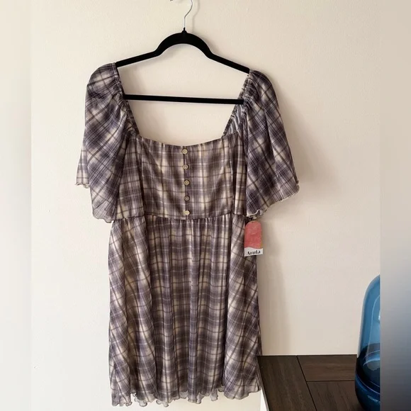 NWT Arula Altar’d State Black Beige Plaid Mesh Flutter Sleeve Dress 1X - Picture 2 of 8